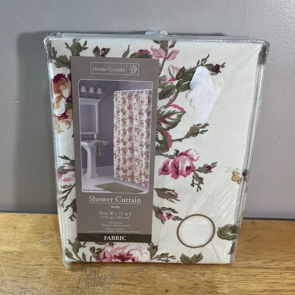 HomeTrends Shelby Floral Rose Cotton Shower Curtain Pink Cream Vtg Style 70x72
